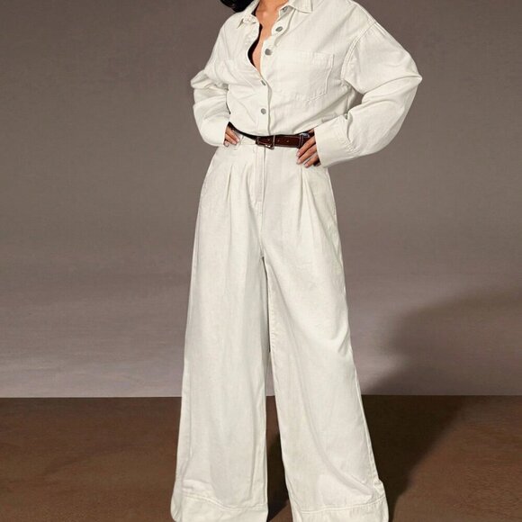 White Casual Womens Wide Leg Denim Jumpsuit - Picture 4 of 5
